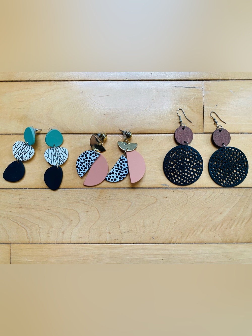 Mystique Boutique Trio of Modern Drop Earrings — Teal, Pink & Black Sets